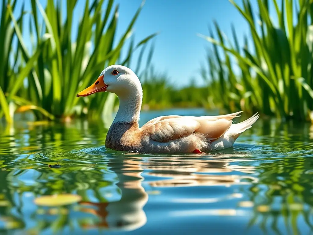 Imagen fotorealistic de un pato en un lago tranquilo, sin texto ni marca