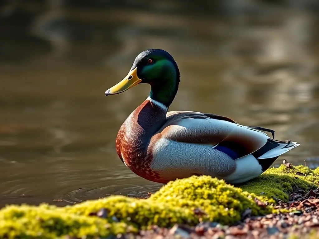 Fotografía realista y detallada de un pato mallard en un estanque
