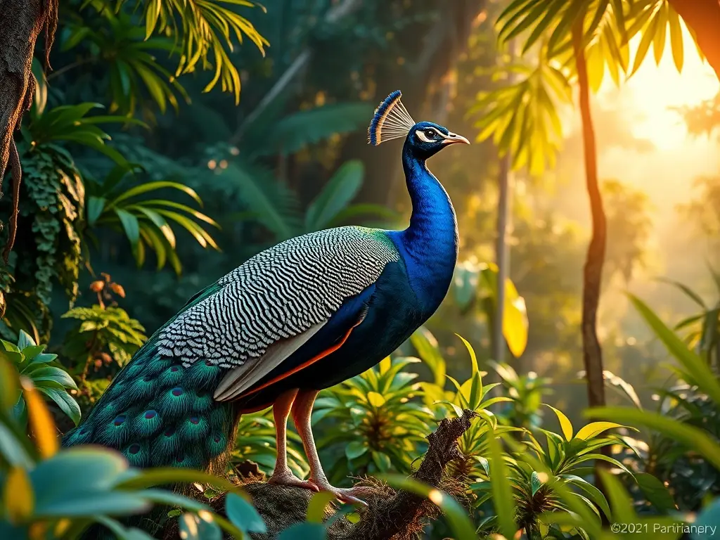 Un retrato fotorealista de un pavón colorido en la selva amazónica