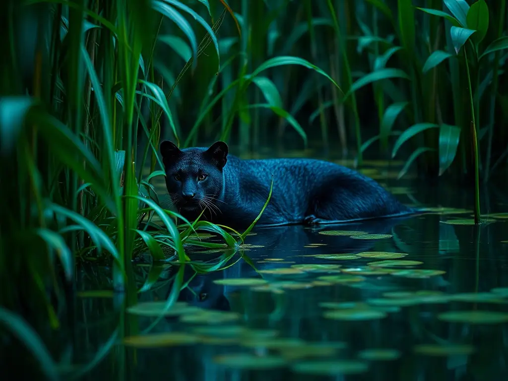 Un jaguarundi en un entorno bioluminescente