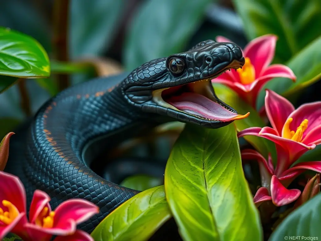Foto realista de una serpiente de racer en un bromeliada tropical