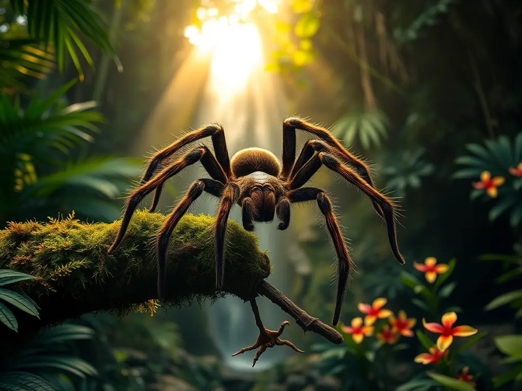 Tarántula majestuosa sobre rama en selva