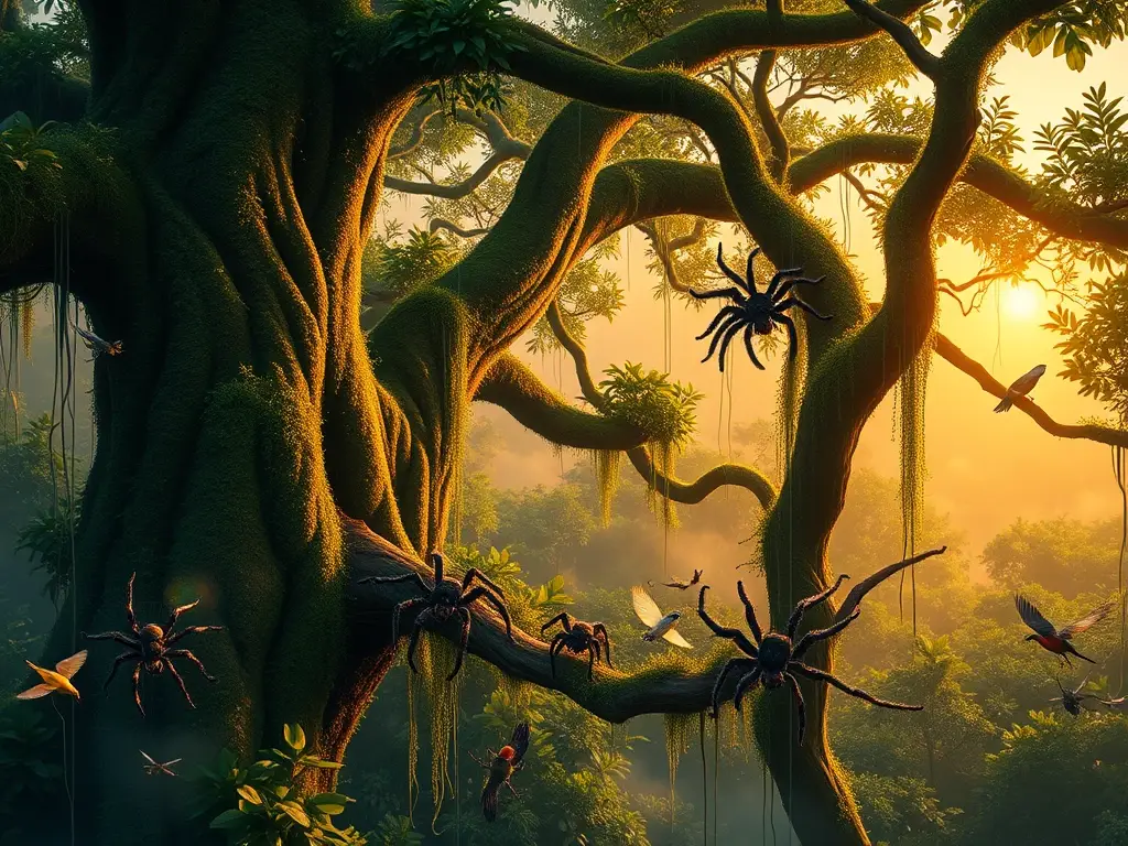 Ilustración fotorrealista de tarántulas en selva tropical