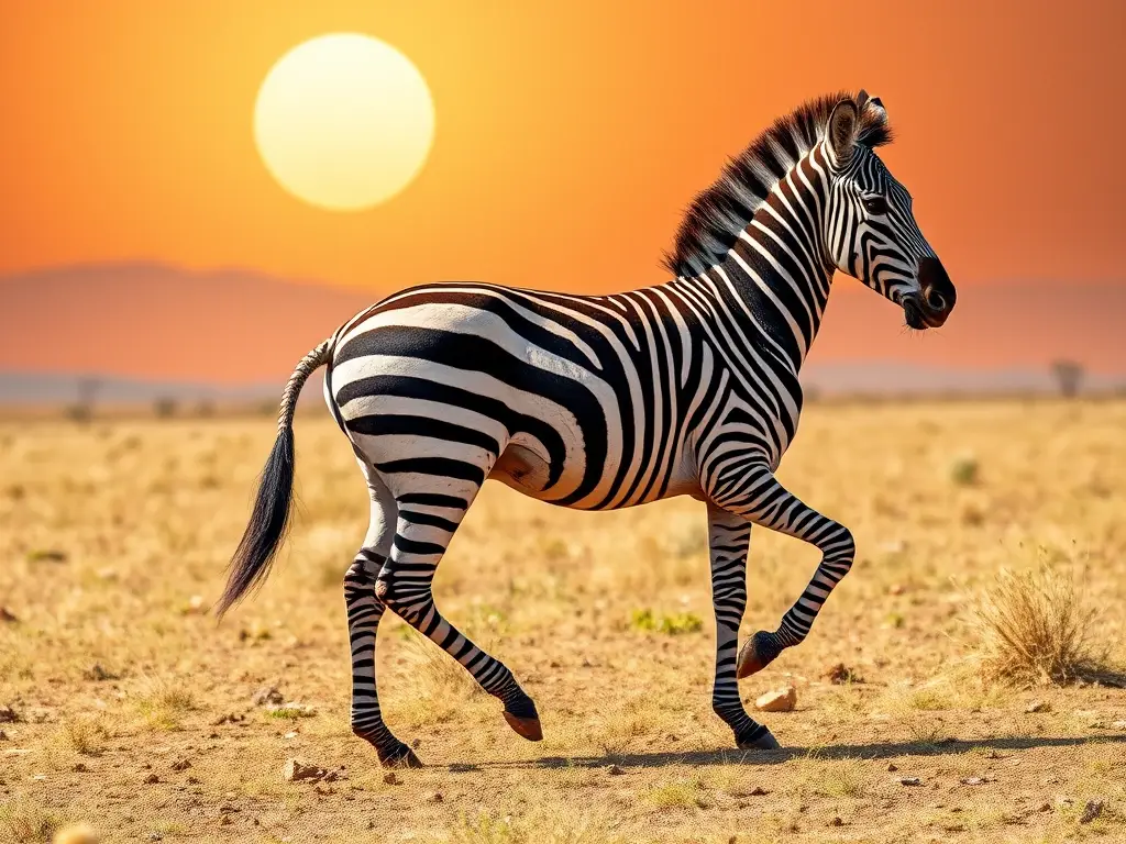 Fotografía realista de un zebra africano corriendo bajo sol de mediodía