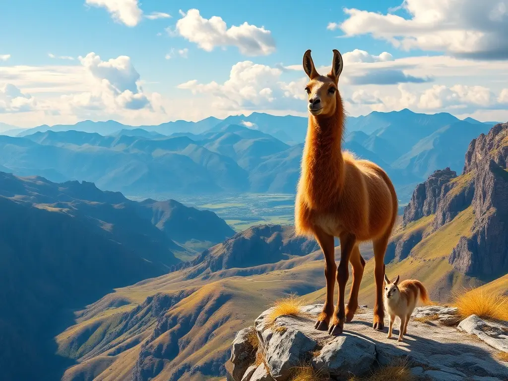 Una pintura realista de un guanaco en un paisaje montañoso