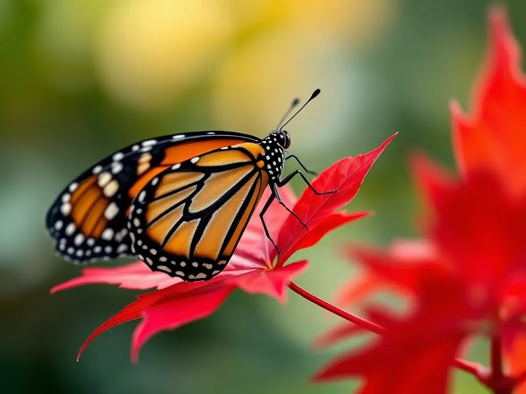 Foto realista de mariposa monarca en hoja maple roja, 8k