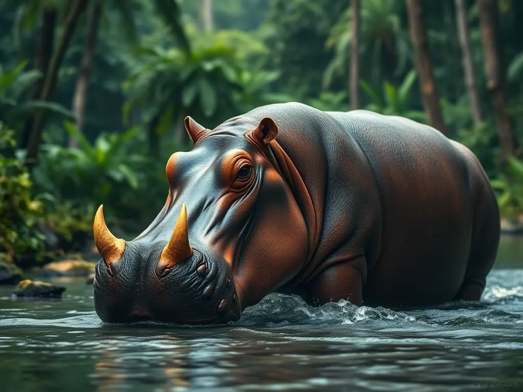 Fotografía realista de un nuevo tipo de hipopótamo amazónico en un denso bosque
