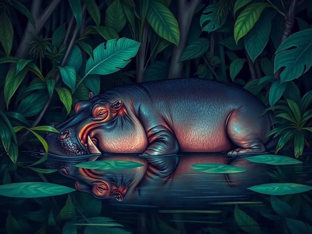 Fotorealista de un hipopótamo camuflado en la Amazonía
