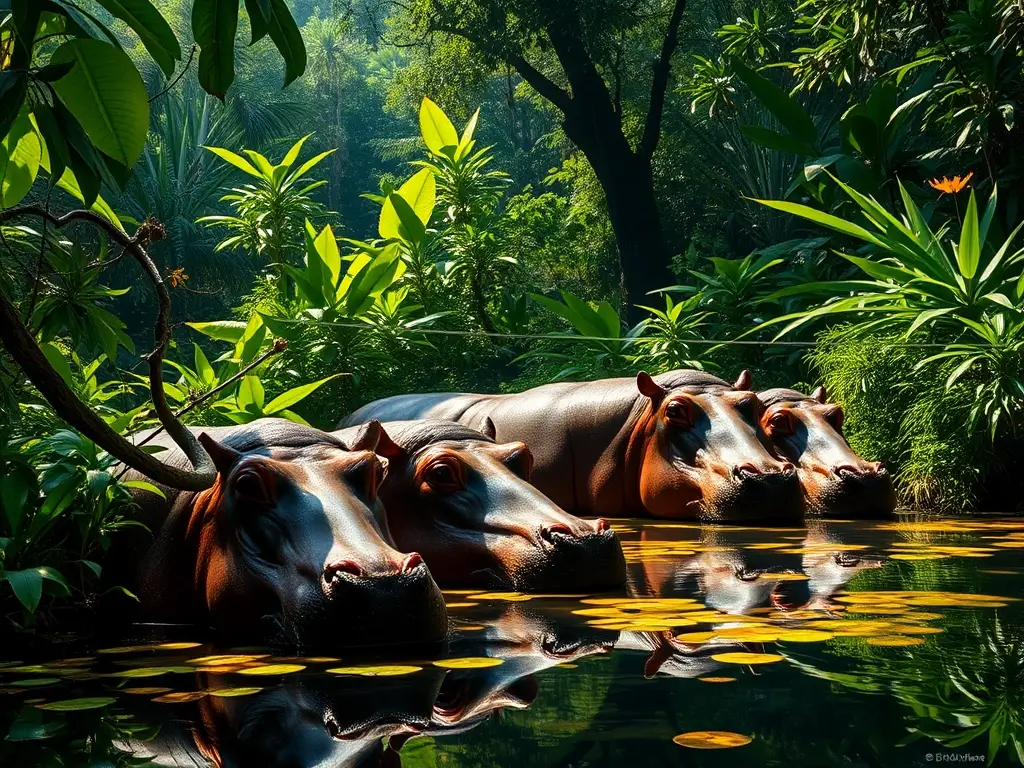 Una obra maestra fotográfica de 8k del bosque colombiano con hipopótamos invasores