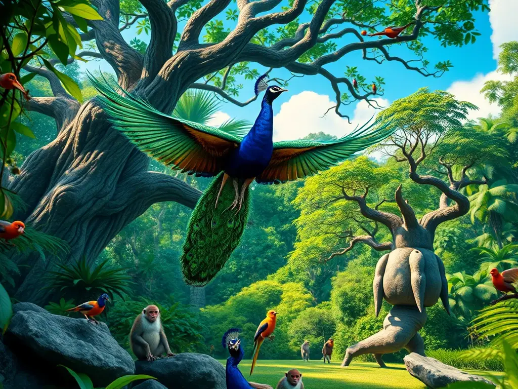 Un pavo real majestuoso vuela en un bosque verde brillante