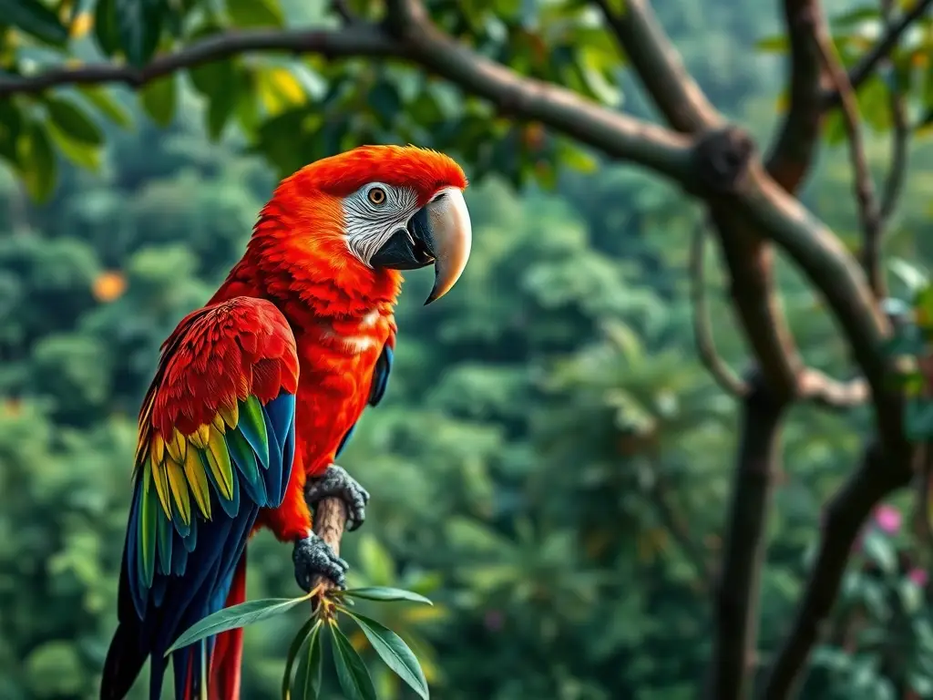 Imagen realista de un macaw rojizo en una selva amazónica