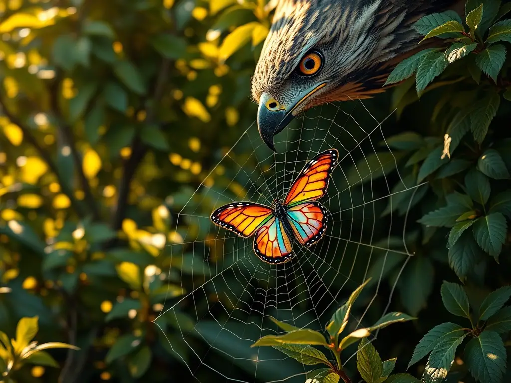 Una escultura realista de un búho y una mariposa atrapada muestra un web, con detalles de colores