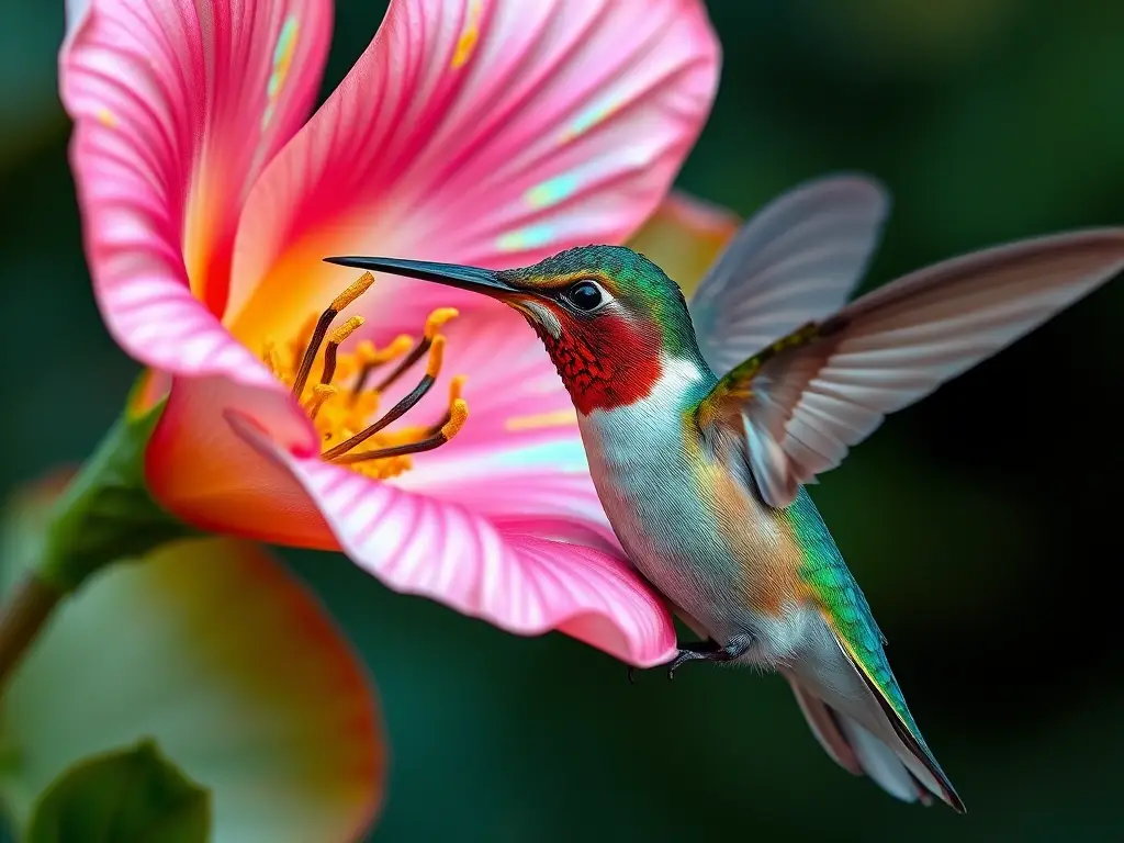 Foto realista de un colibrí en una flor con detalles naturales