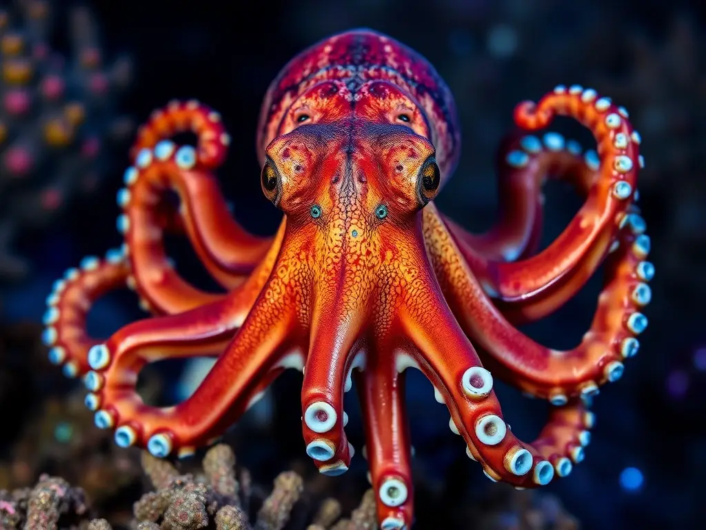 Un retrato realista de una octopus azul-borracha, con coral bioluminescente
