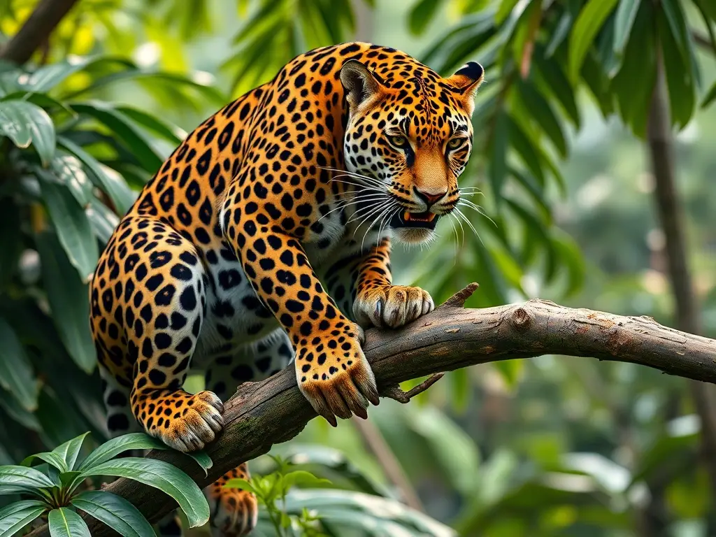 Fotografía real de un jaguar majestuoso en un árbol de la jungla