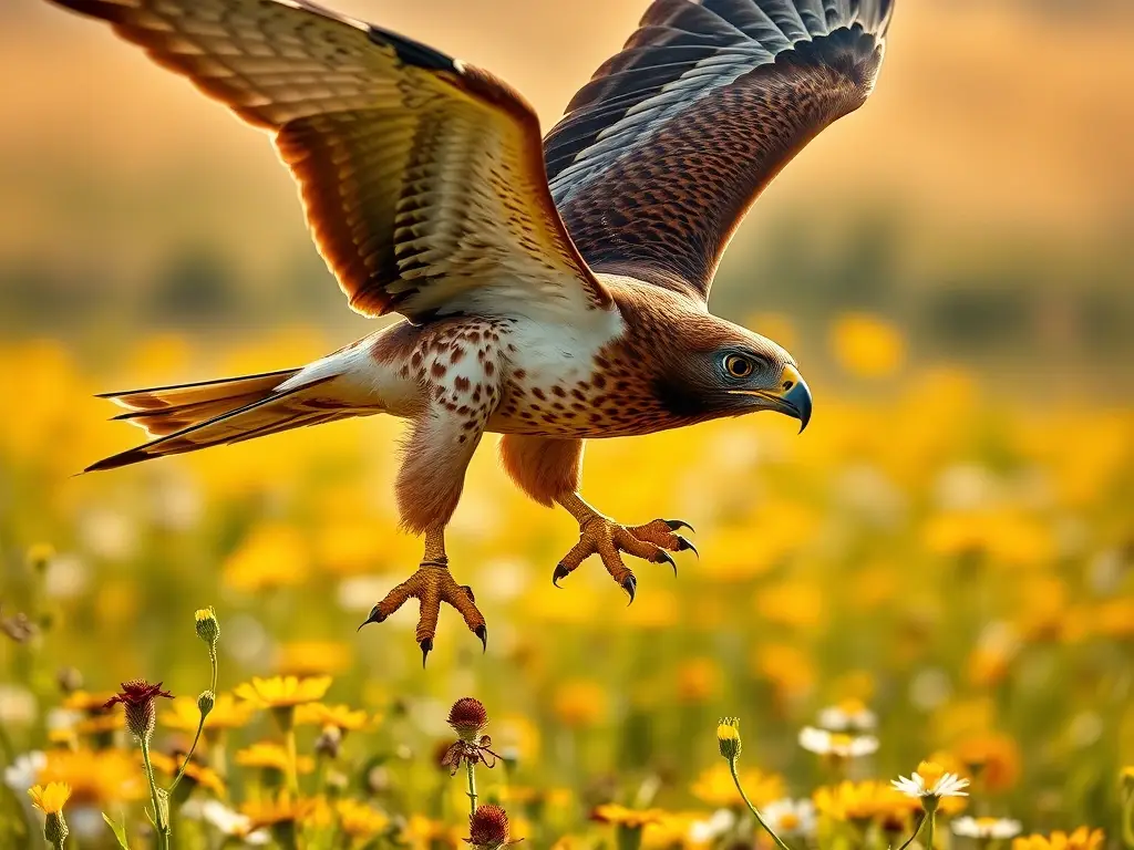 Un caracaras realista, con plumaje detallado, volando sobre un campo de flores