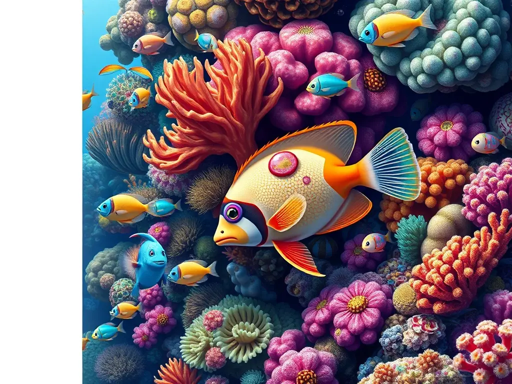 Ilustración realista de un arrecife coralino con vida marina