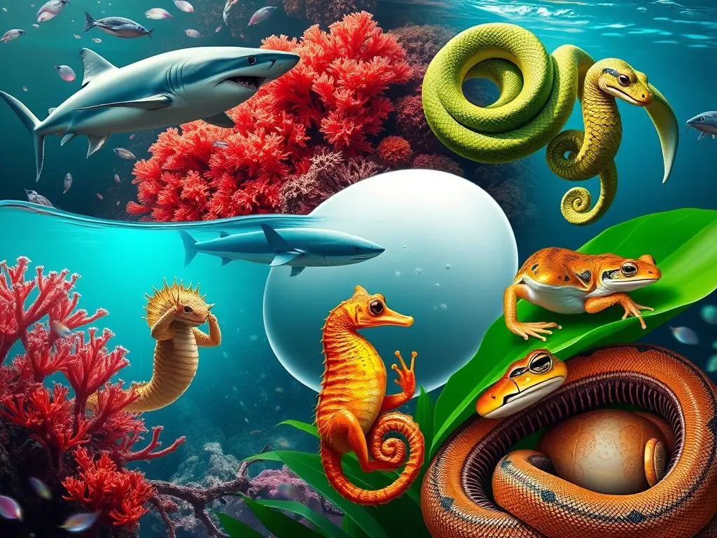 Collage hiperrealista de animales ovovivíparos