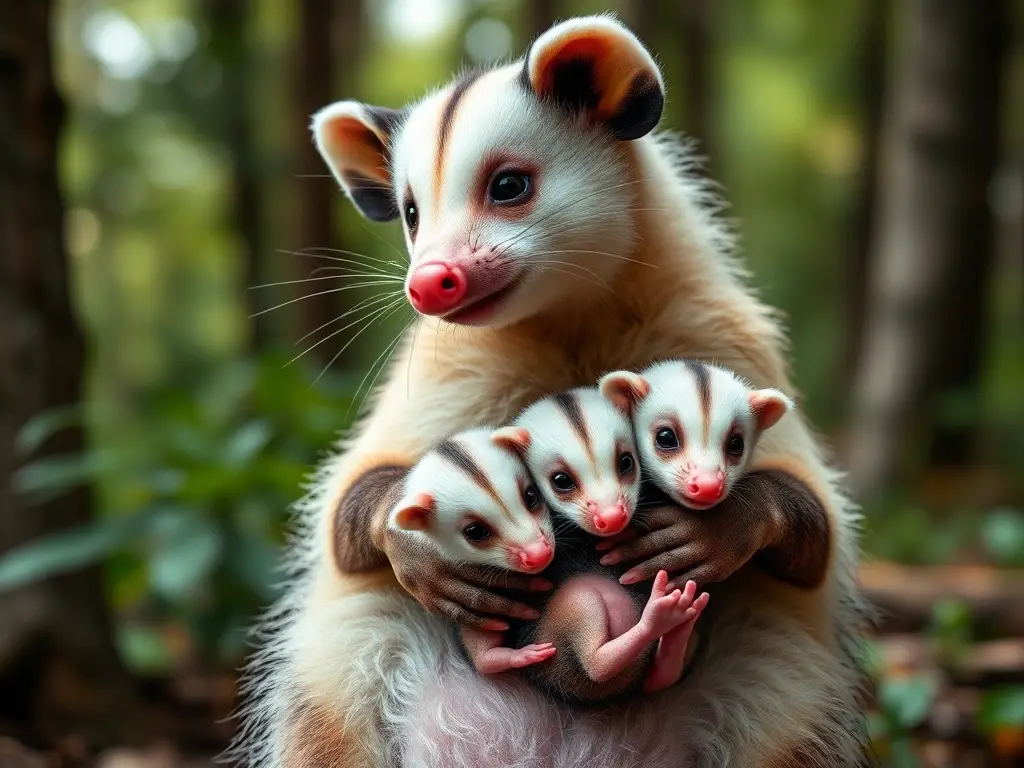 Foto de una madre opossum cariñosa con su camada en un bosque natural
