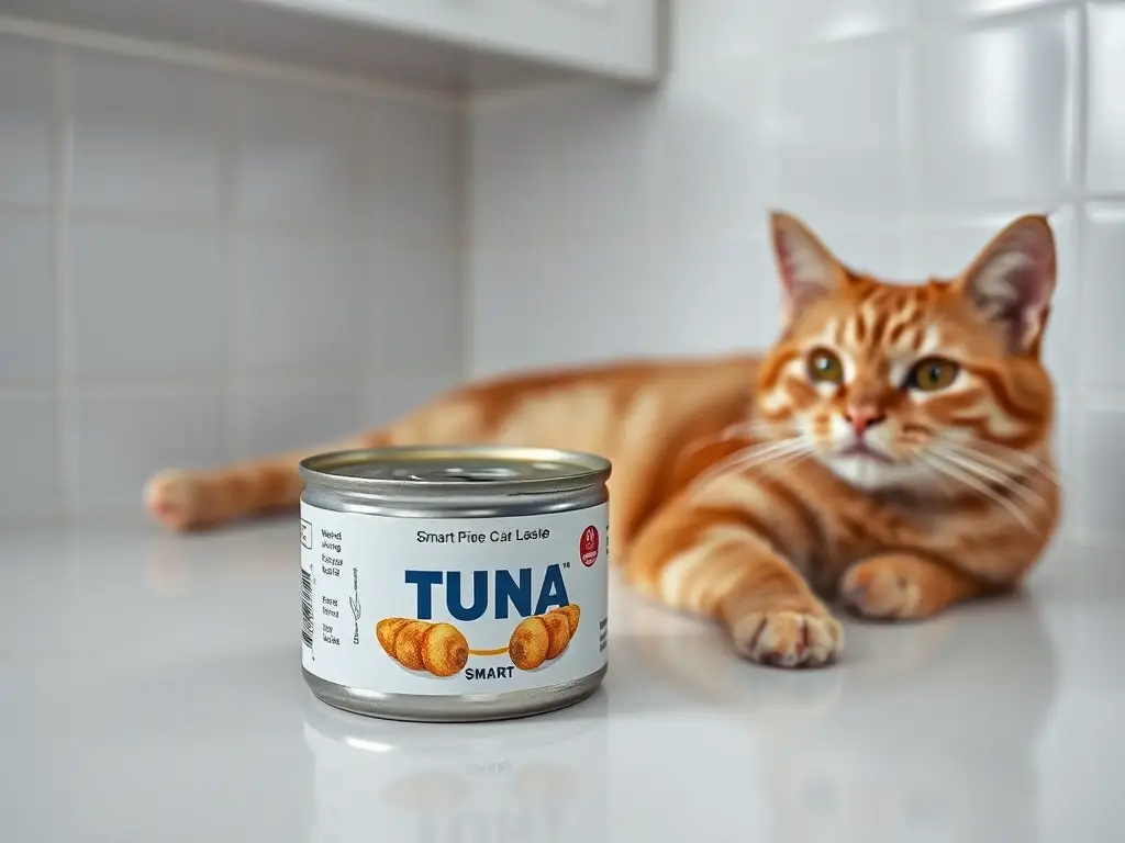 Foto realista de tuna en lata limpia, gatito curioso cerca