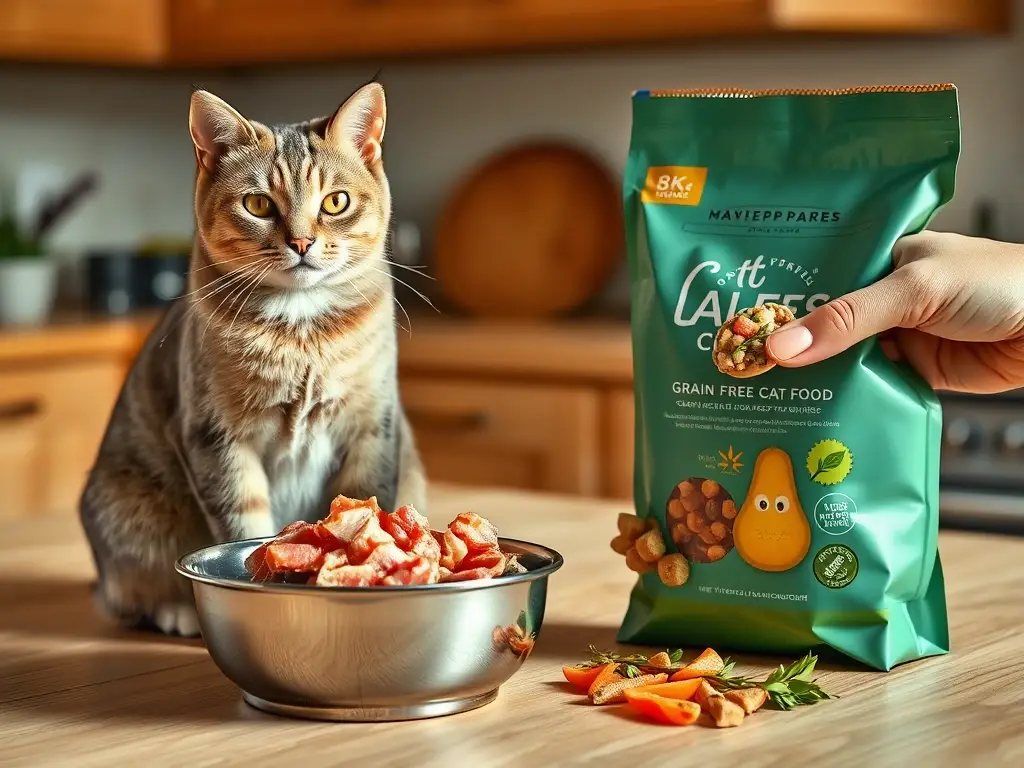 Gato al lado de atún y alimento