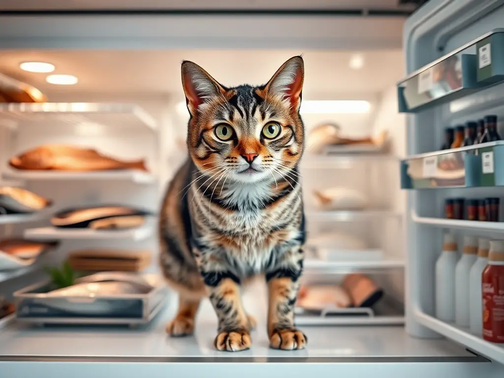 Fotografía realista y de alta resolución de un gato tabby en un frigorífico moderno