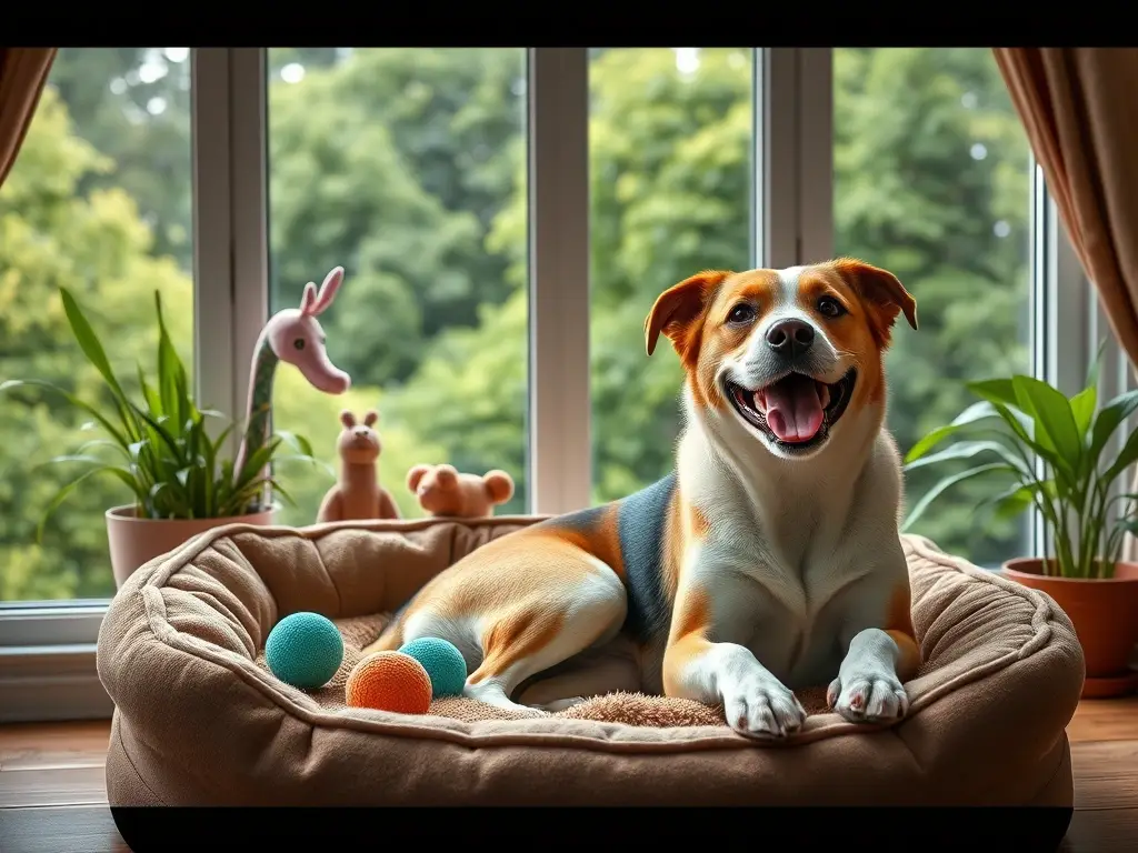 Foto realista de un perro sonriente sentado en una cama y mirando a través de una ventana a un jardín