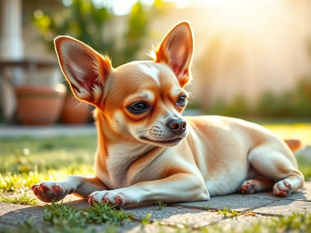 Foto realista de un chihuahua tranquilo en un jardín soleado