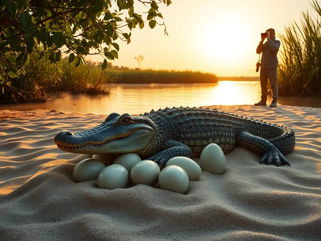 Cocodrila protege huevos al amanecer, investigadora observa