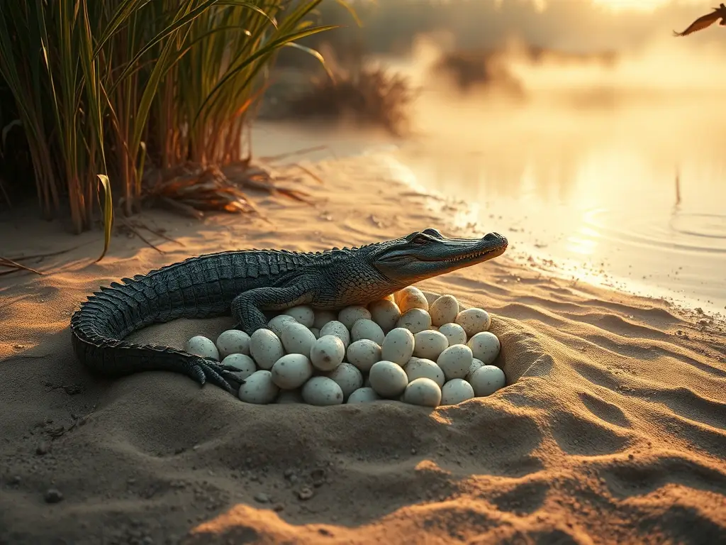 Amanecer, madre cocodrilo protege huevos vulnerables