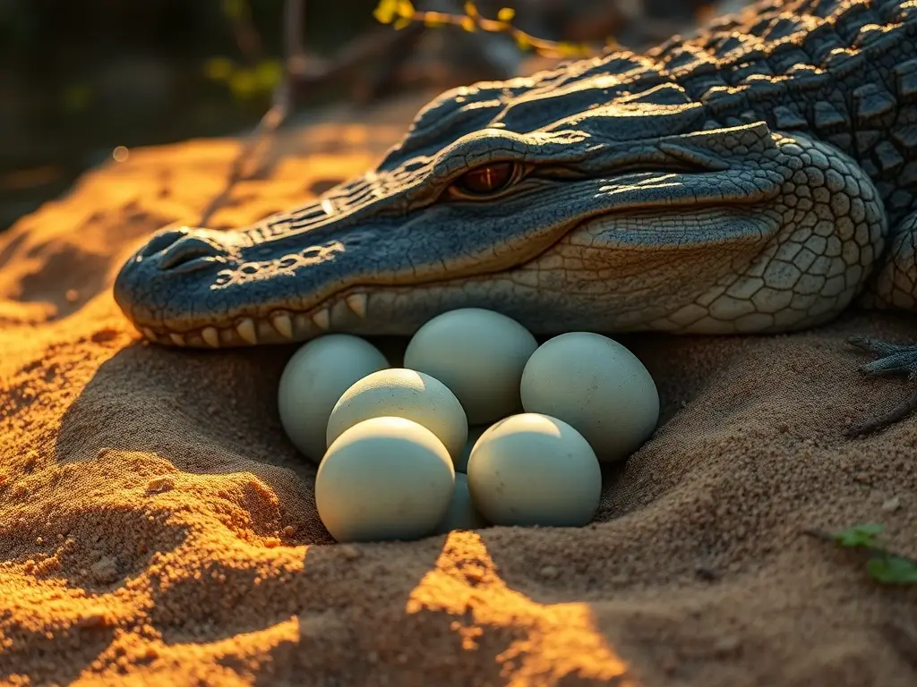 Nido de cocodrilos al amanecer, madre vigilante