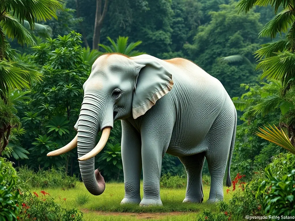 Un elefante asiático albino majestuoso en un bosque tropical detalhado