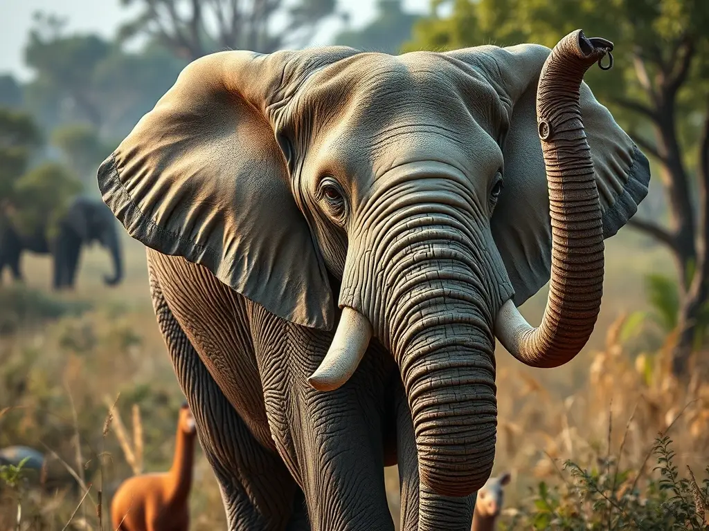Un elefante realístico, en su hábitat modificado, con expresión pensativa