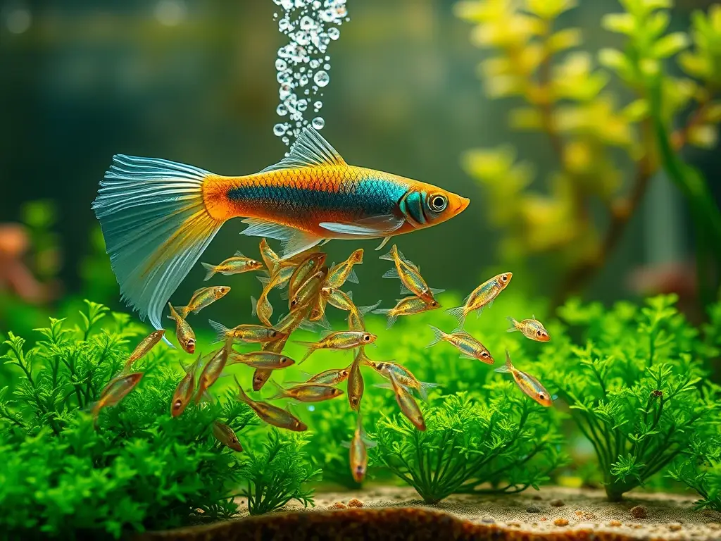 Guppy embarazada suelta alevinos en acuario vibrante