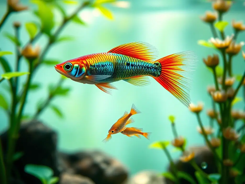 Guppy hembra embarazada nadando en acuario