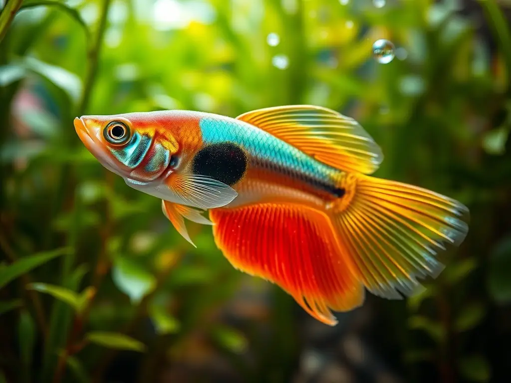 Guppy hembra con mancha nadando entre plantas