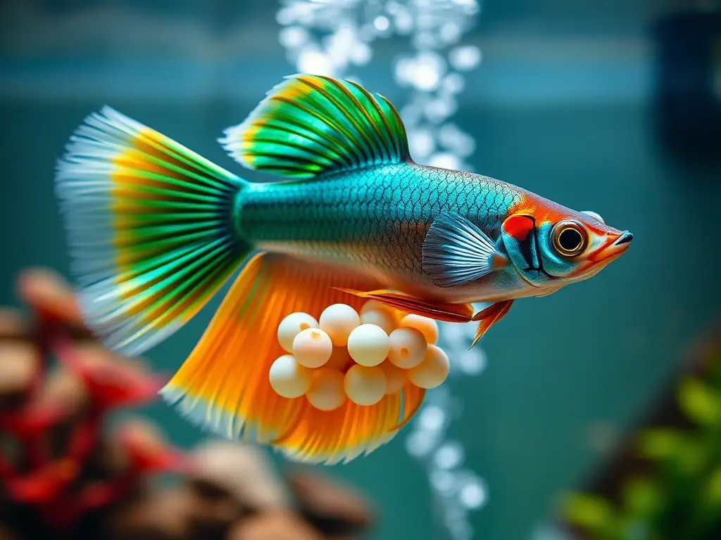 Fotorealista de un guppy sano y con huevos en un acuario