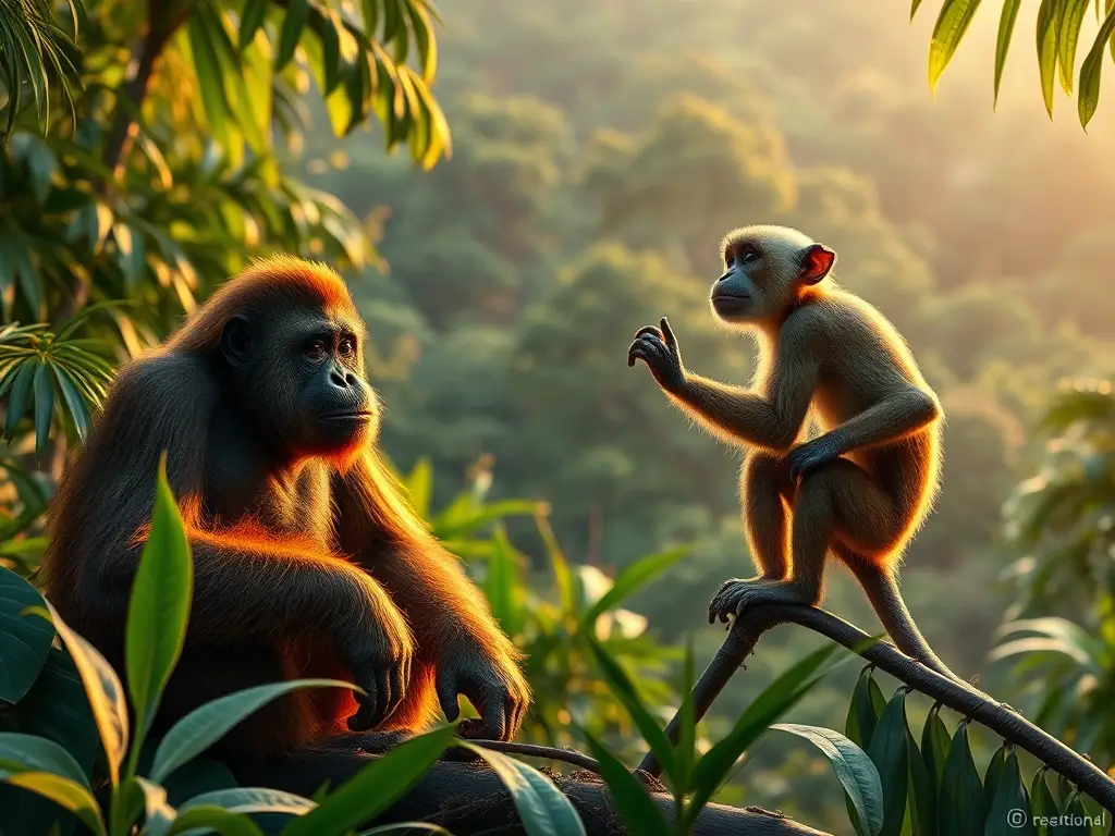 Un fotorealista retrato tropical con primates en armonía, con sol