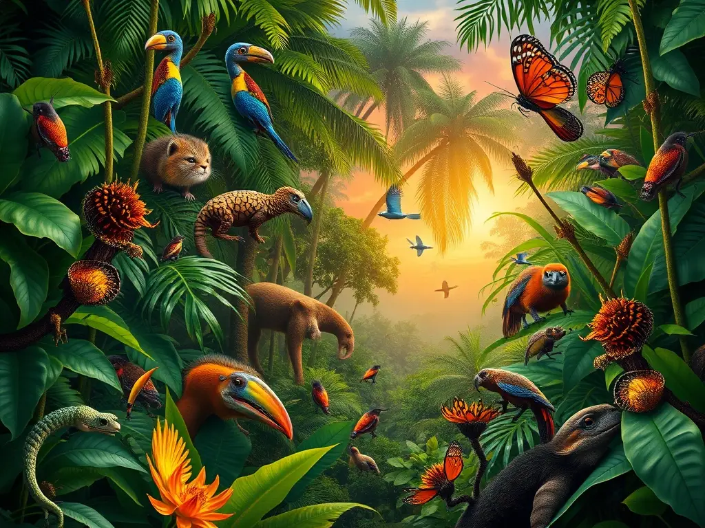 Fotorealista de un bosque húmedo con fauna exótica