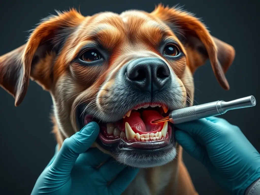 Fotografía realista de perro con cáncer bucal detectable