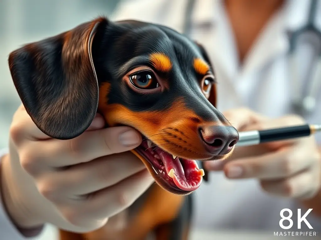 Fotografía realistisch de un perro dachshund rojo con manchas en la boca