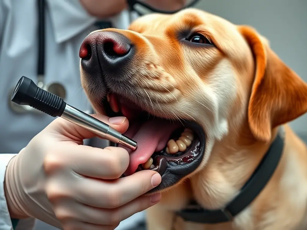 Ilustración realista de un veterinario examinando la boca de un labrador con lengua negra