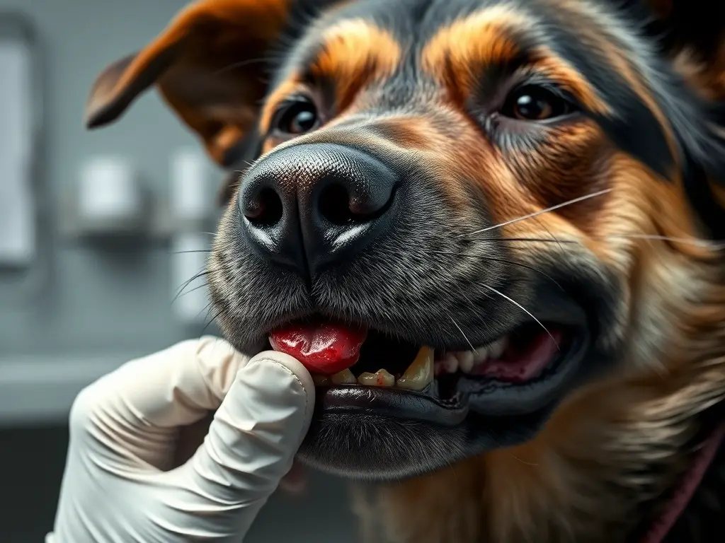 Veterinario examina encías inflamadas de perro