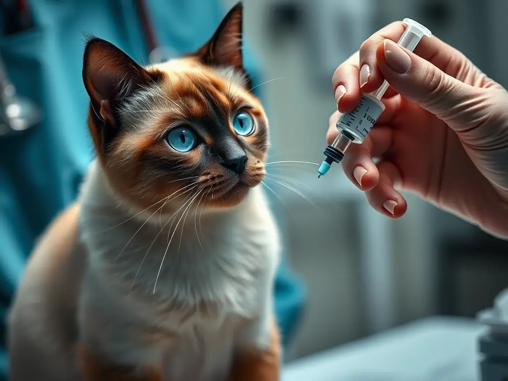 Imagen fotorealista de gato persa con ojos azules, administrando antibiótico a un paciente felino
