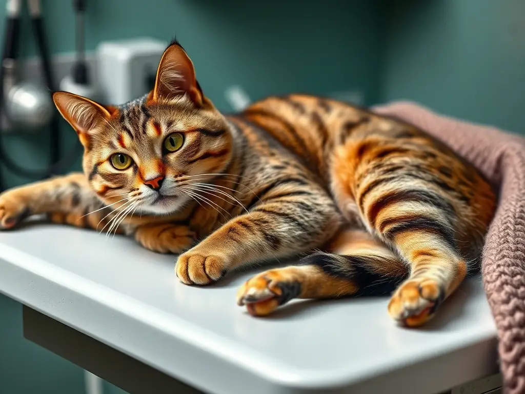 Fotografía realista a 8K de un gato tabby relajante en un consultorio veterinario
