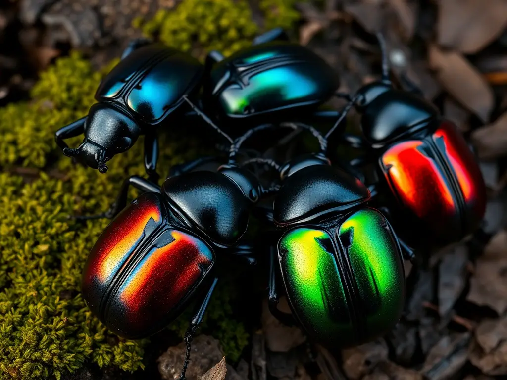 Primer plano fotorealista de escarabajos brillantes multicolores