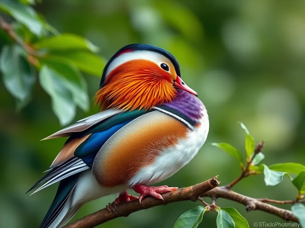 Illustration realista y detallada de un pato mandarín prensando plumas en un frondoso árbol