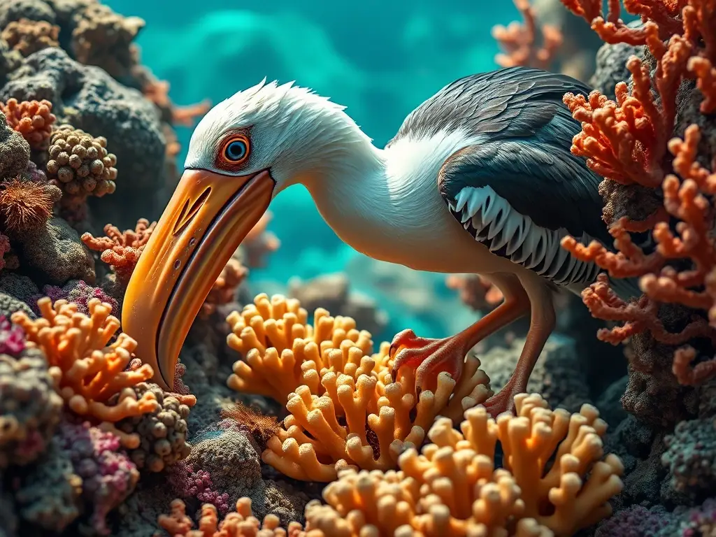 Fotografía realista de un pájaro buceador en coral, detallada
