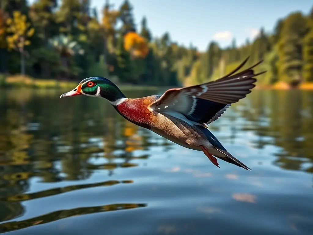 Foto realista de un wood duck nativo volando sobre un lago con exuberante vegetación