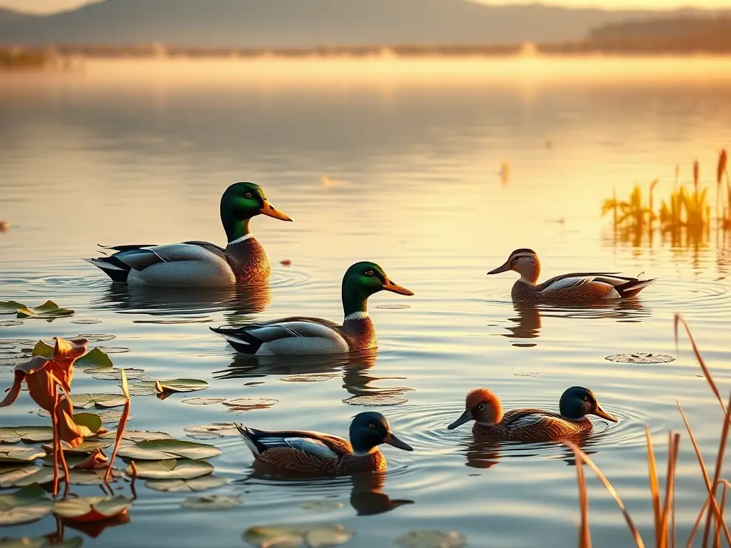 Ilustración fotorrealista de patos nadando